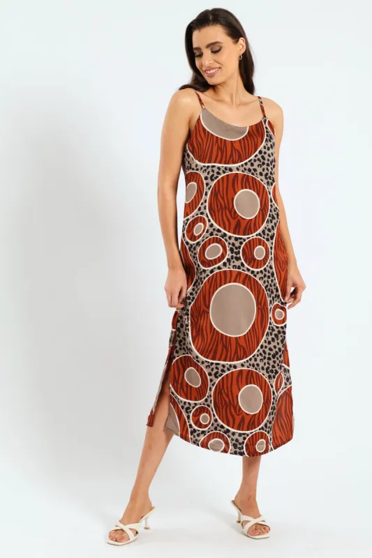 Strappy Circle Print Side Slit Midaxi Dress - Brown sold by Edgars