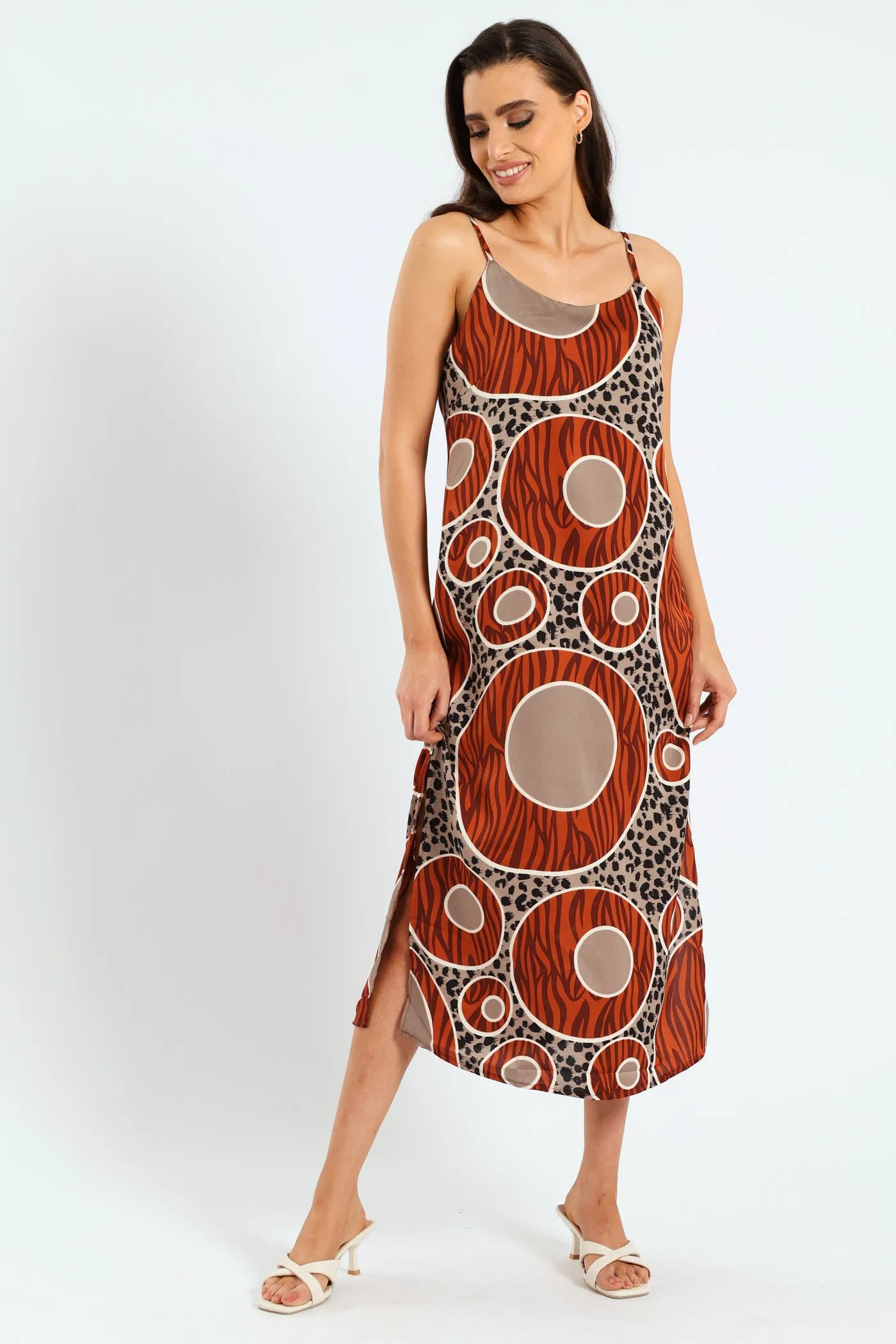 Strappy Circle Print Side Slit Midaxi Dress - Brown sold by Edgars