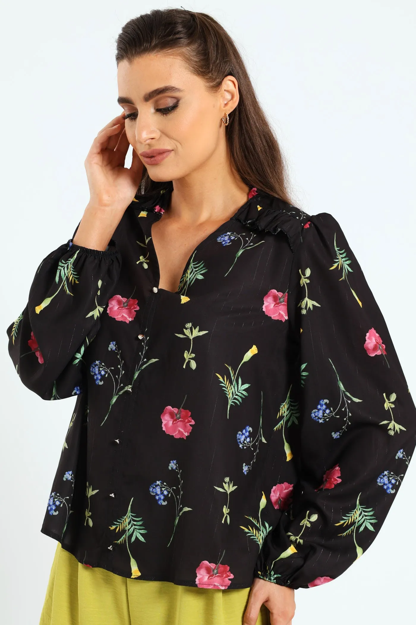 V-Neck Button Through Floral Shirt - Black sold by Edgars