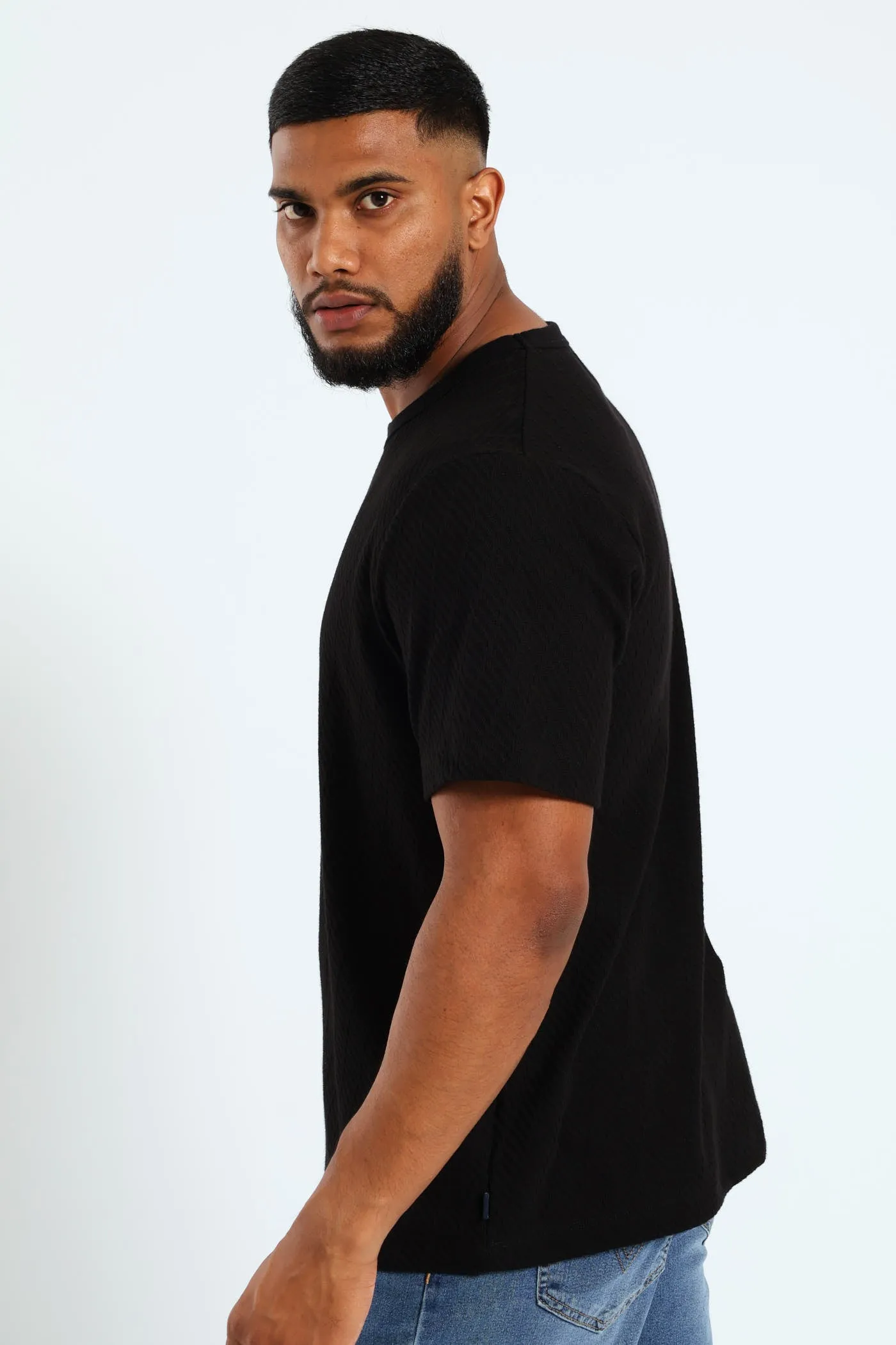 Angle Stripe Pointelle Knit Crew T-Shirt - Black sold by Edgars product image thumbnail 2