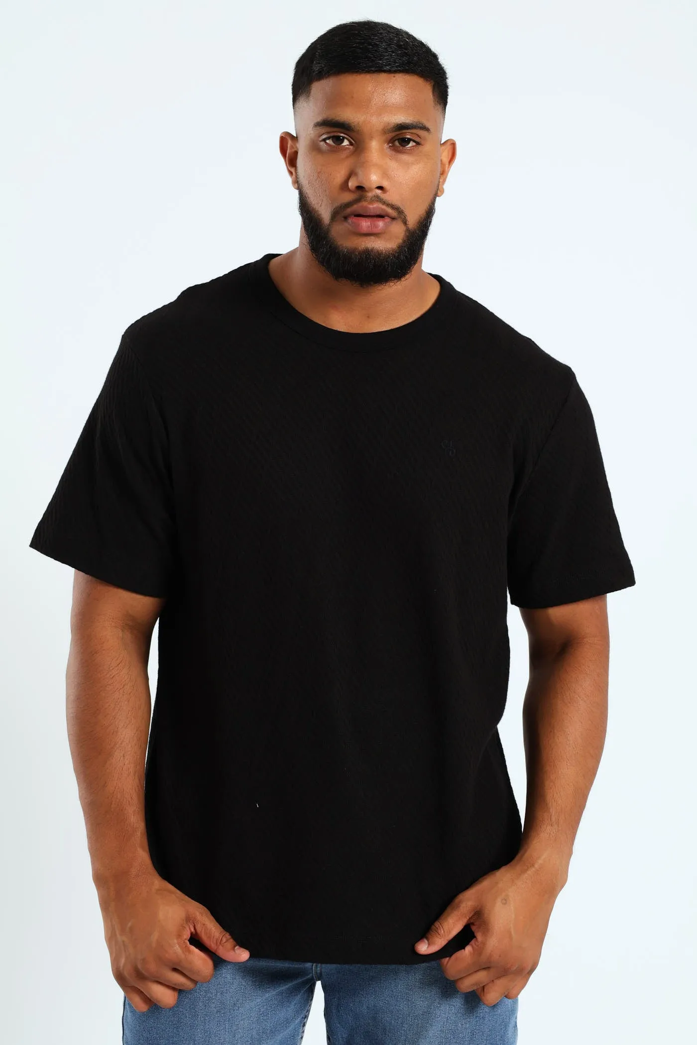 Angle Stripe Pointelle Knit Crew T-Shirt - Black sold by Edgars