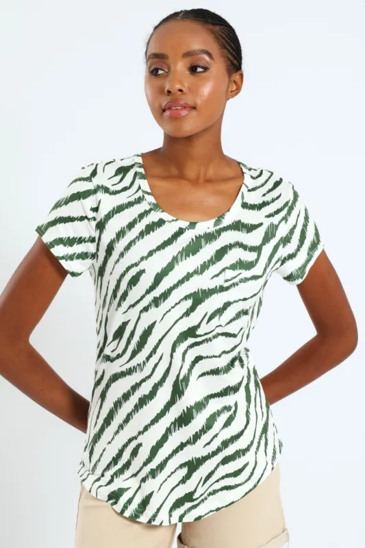 Zebra Print Pocket Tee - White/Green sold by Edgars