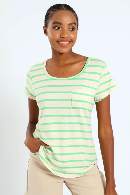 Breton Stripe Pocket Tee - Bright Green sold by Edgars