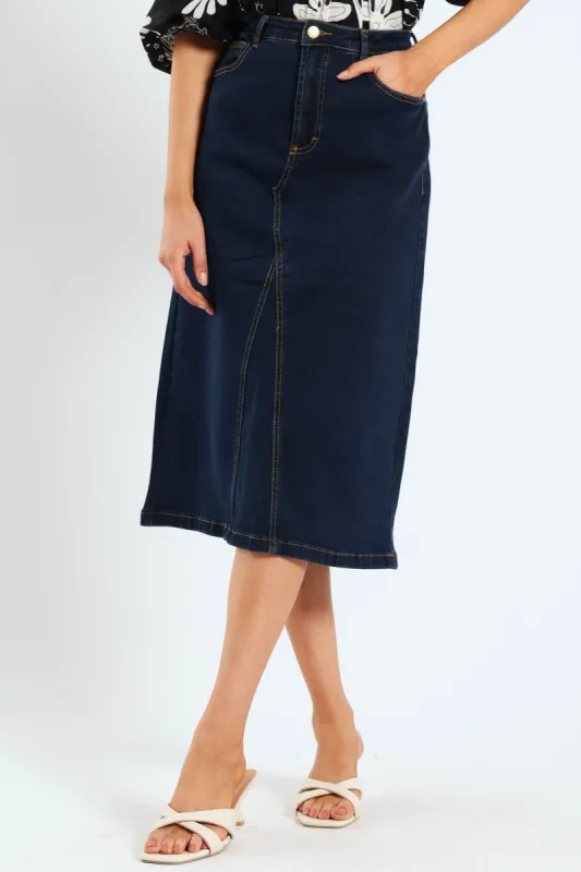 Front Panel Midi Denim Pencil Skirt - Indigo sold by Edgars