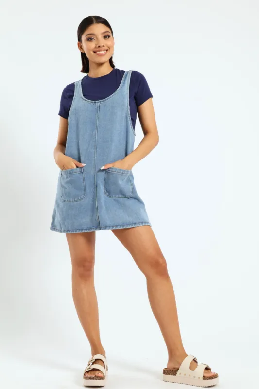 Boxy Denim Pinafore Dress - Mid Blue sold by Edgars