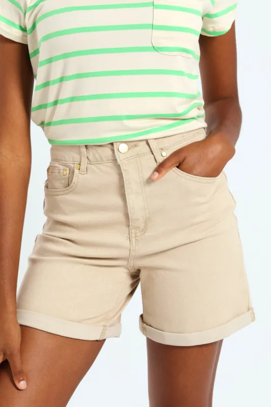 Roll Hem Mid Thigh Classic Denim Short - Stone sold by Edgars