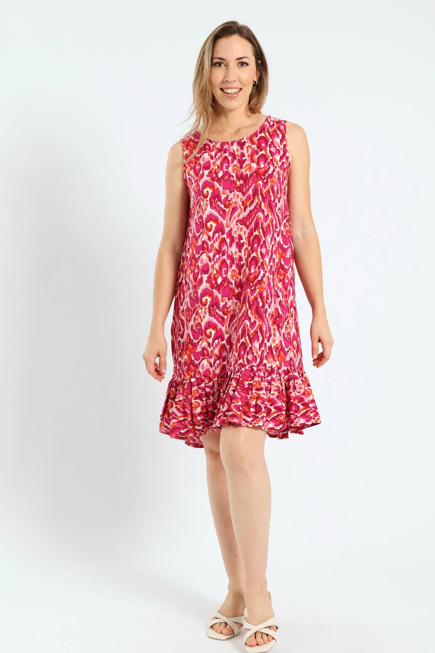 Frill Hem Hi-Lo Printed Shift Dress - Cerise sold by Edgars