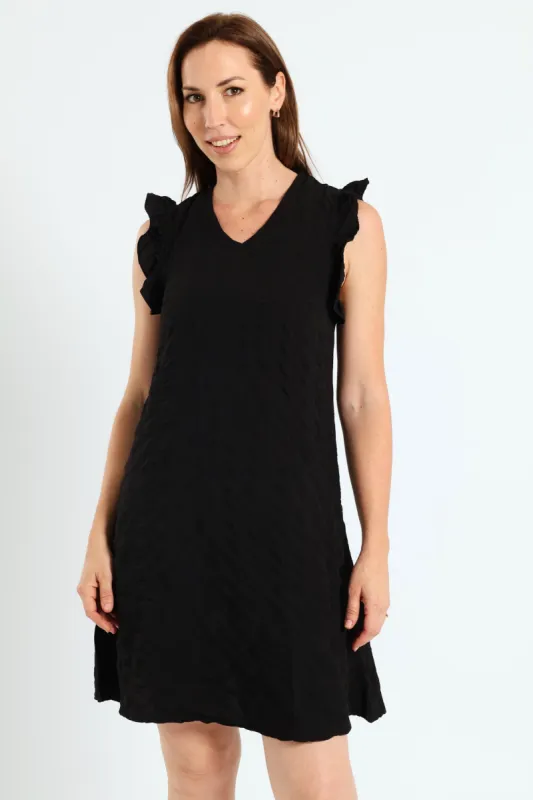 Frill Sleeve V-Neck Textured Shift Mini Dress - Black sold by Edgars
