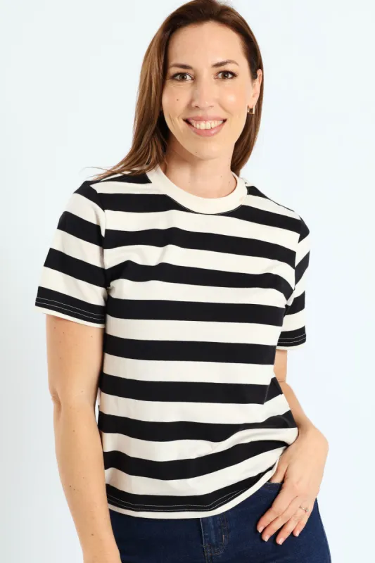 Plain Rib Neck Boxy Stripe Tee - Black/Beige sold by Edgars 