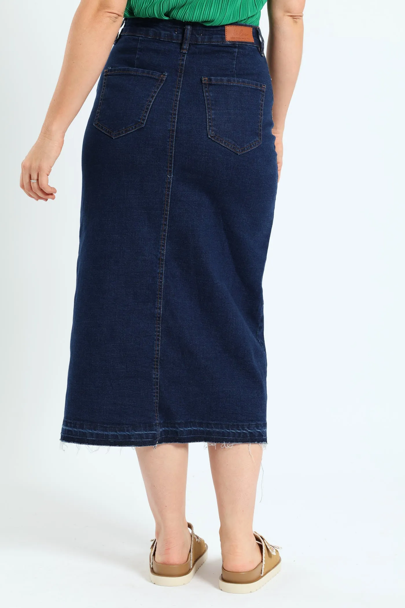Raw Hem Front Slit Denim Midi Skirt - Dark Wash Ink sold by Edgars product image thumbnail 4