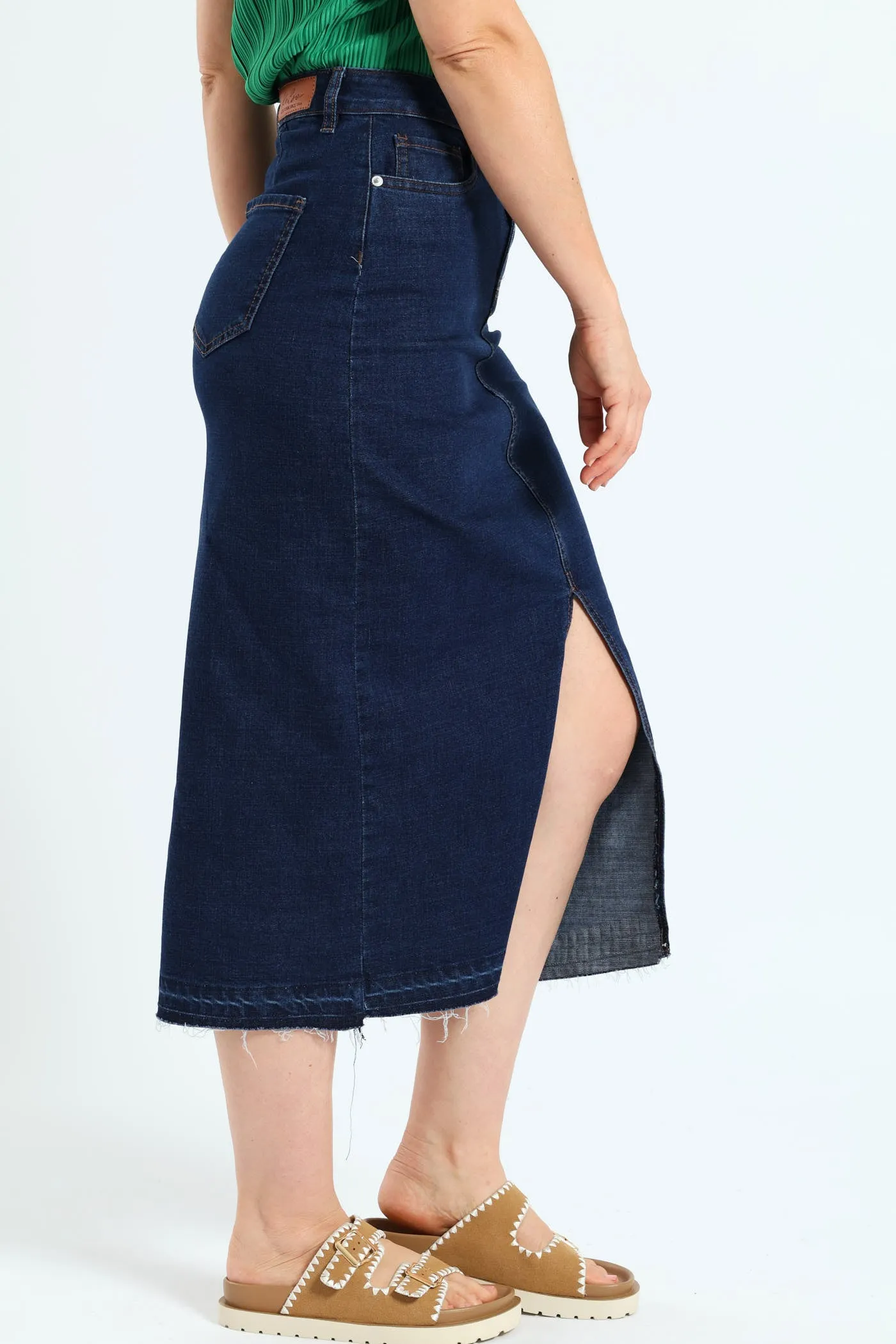 Raw Hem Front Slit Denim Midi Skirt - Dark Wash Ink sold by Edgars product image thumbnail 3