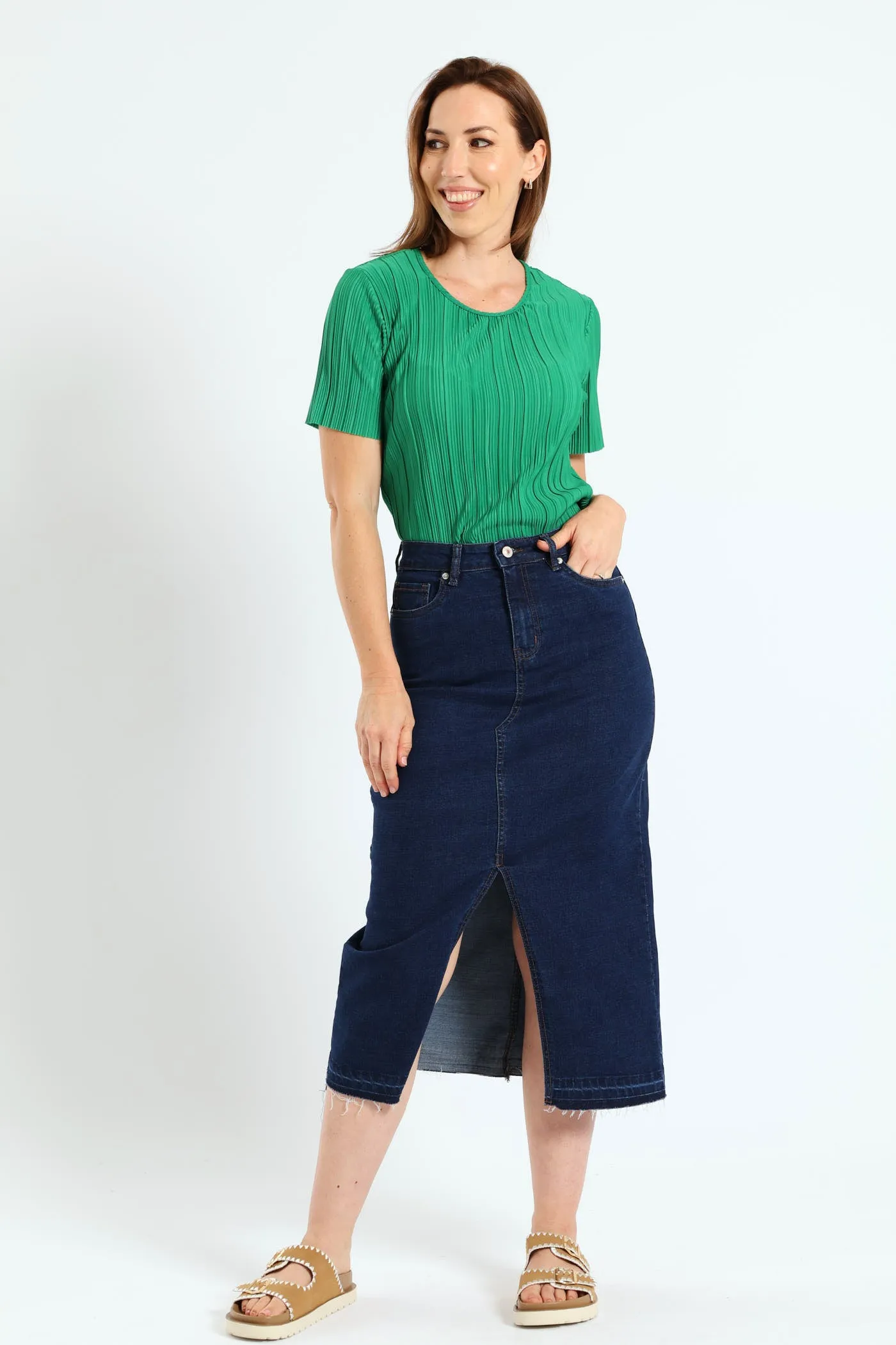 Raw Hem Front Slit Denim Midi Skirt - Dark Wash Ink sold by Edgars