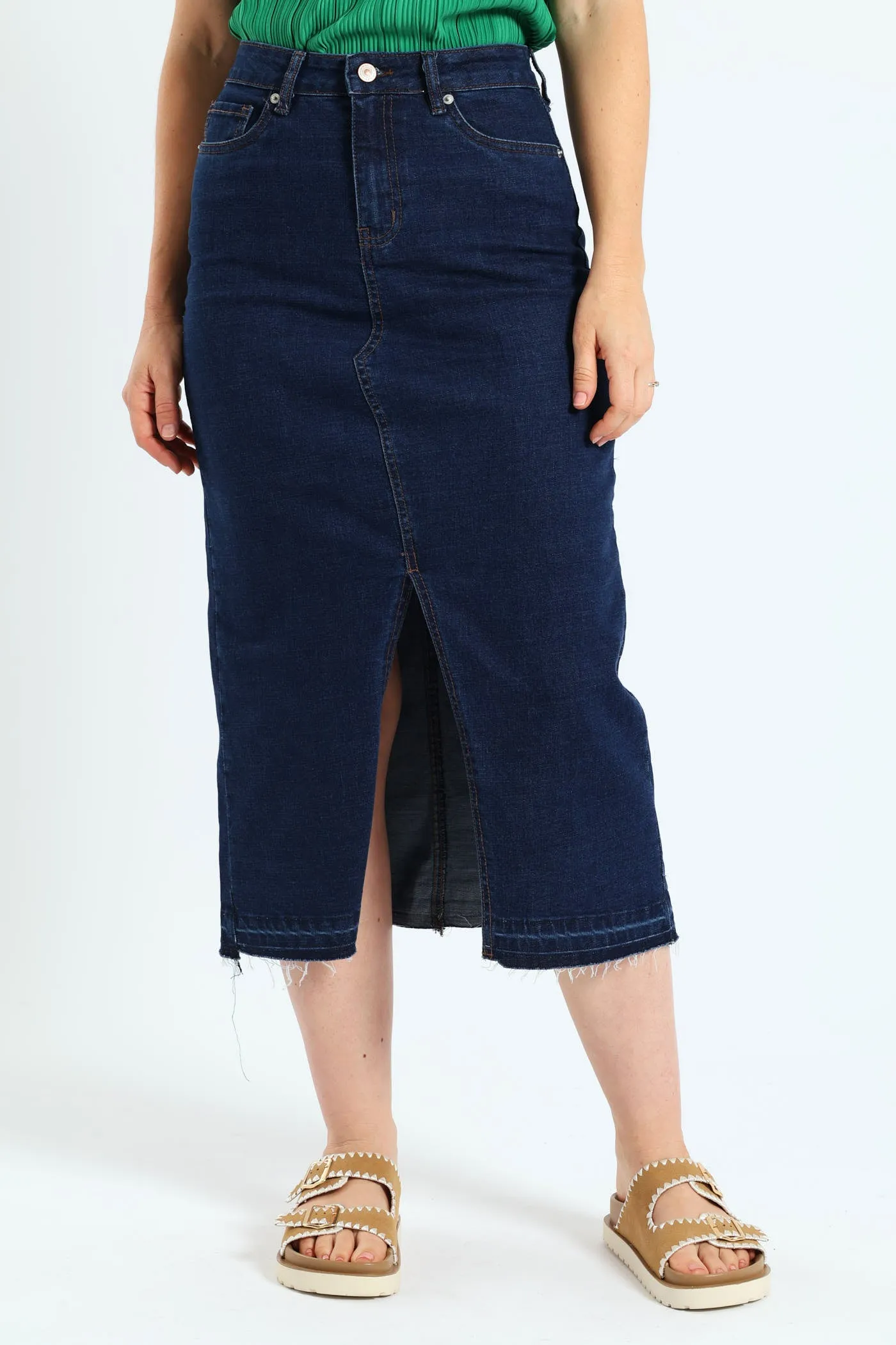 Raw Hem Front Slit Denim Midi Skirt - Dark Wash Ink sold by Edgars product image thumbnail 2