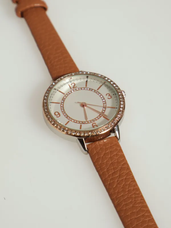 Round Face Watch With Diamante Strap - Tan sold by Edgars