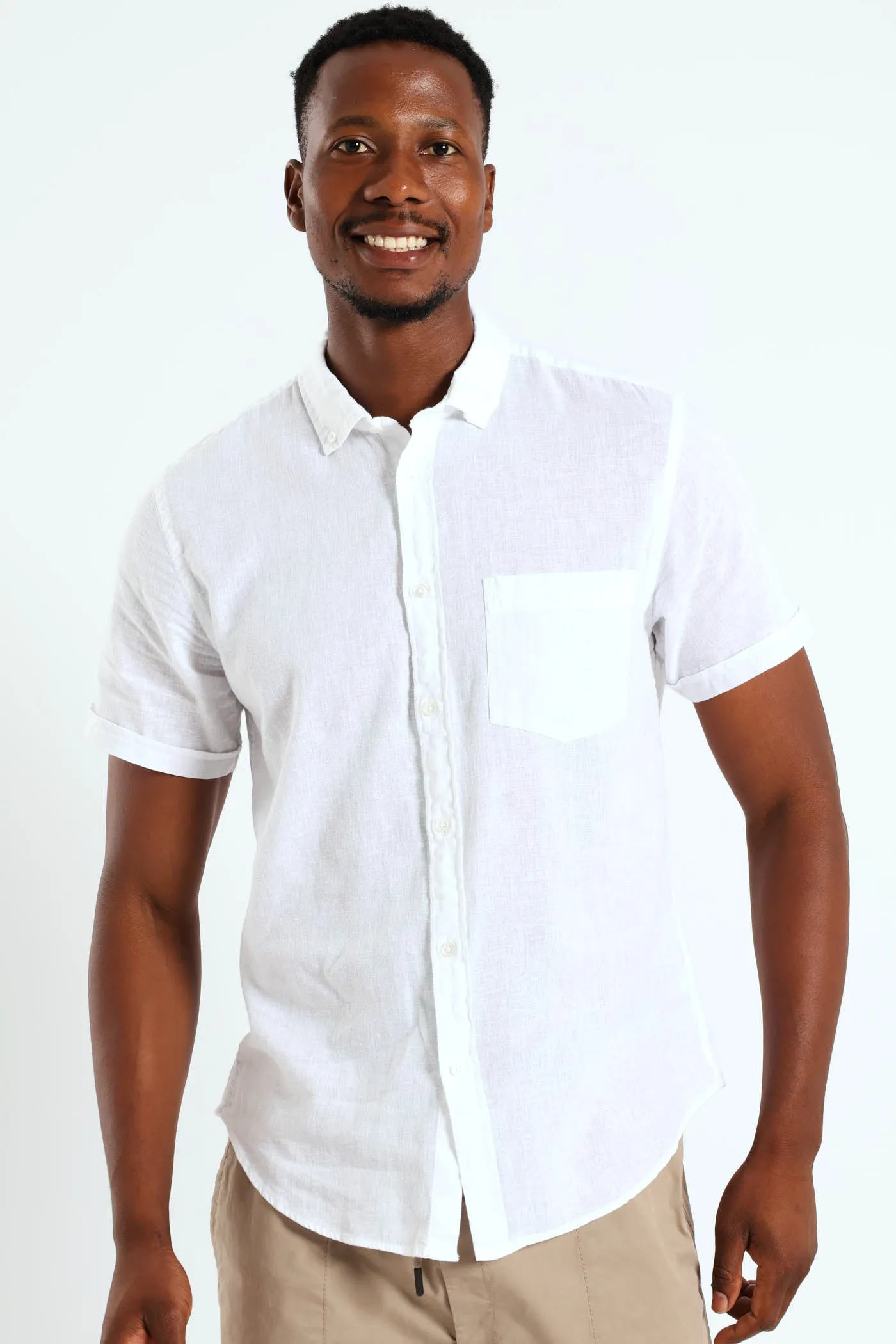 Buttondown Cotton Linen Slub Shirt - White sold by Edgars