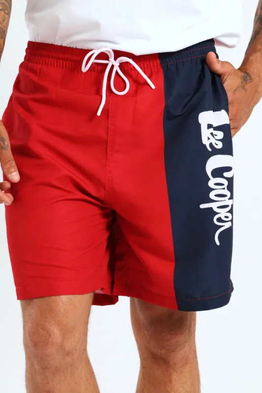 Two Tone Script Swim Short - Navy/Red sold by Edgars
