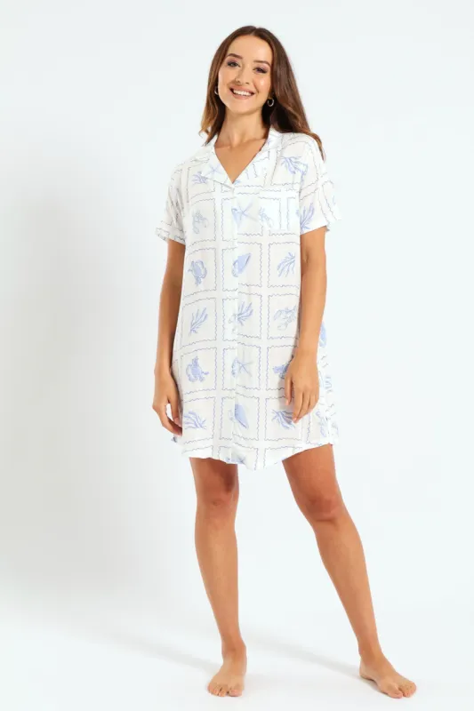Button Through Woven Linen Blend Sleepshirt - White sold by Edgars