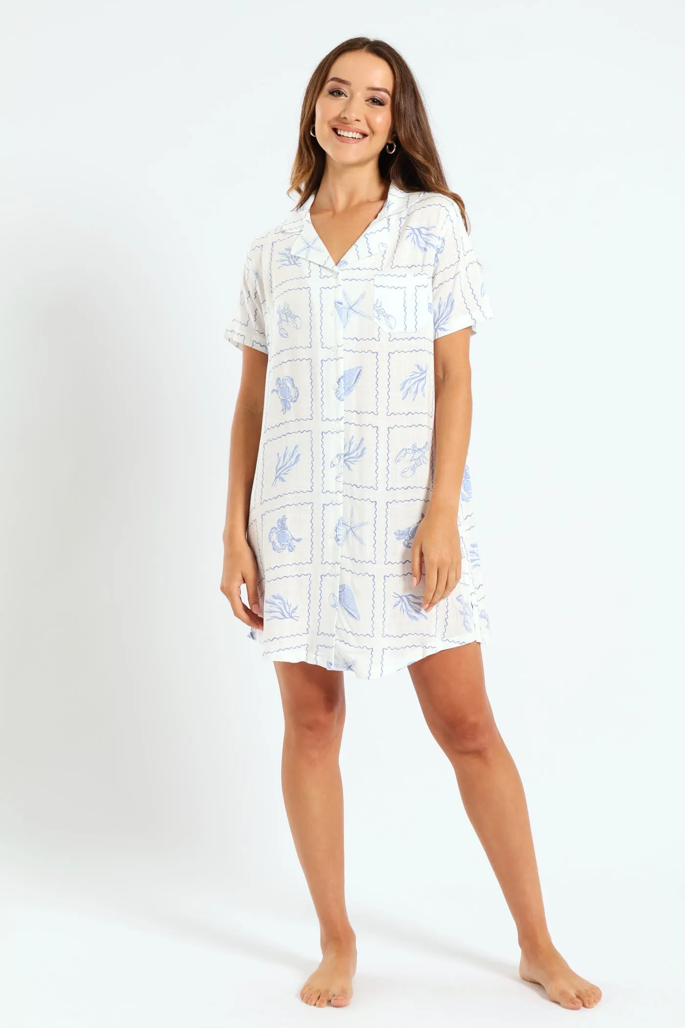 Button Through Woven Linen Blend Sleepshirt - White sold by Edgars
