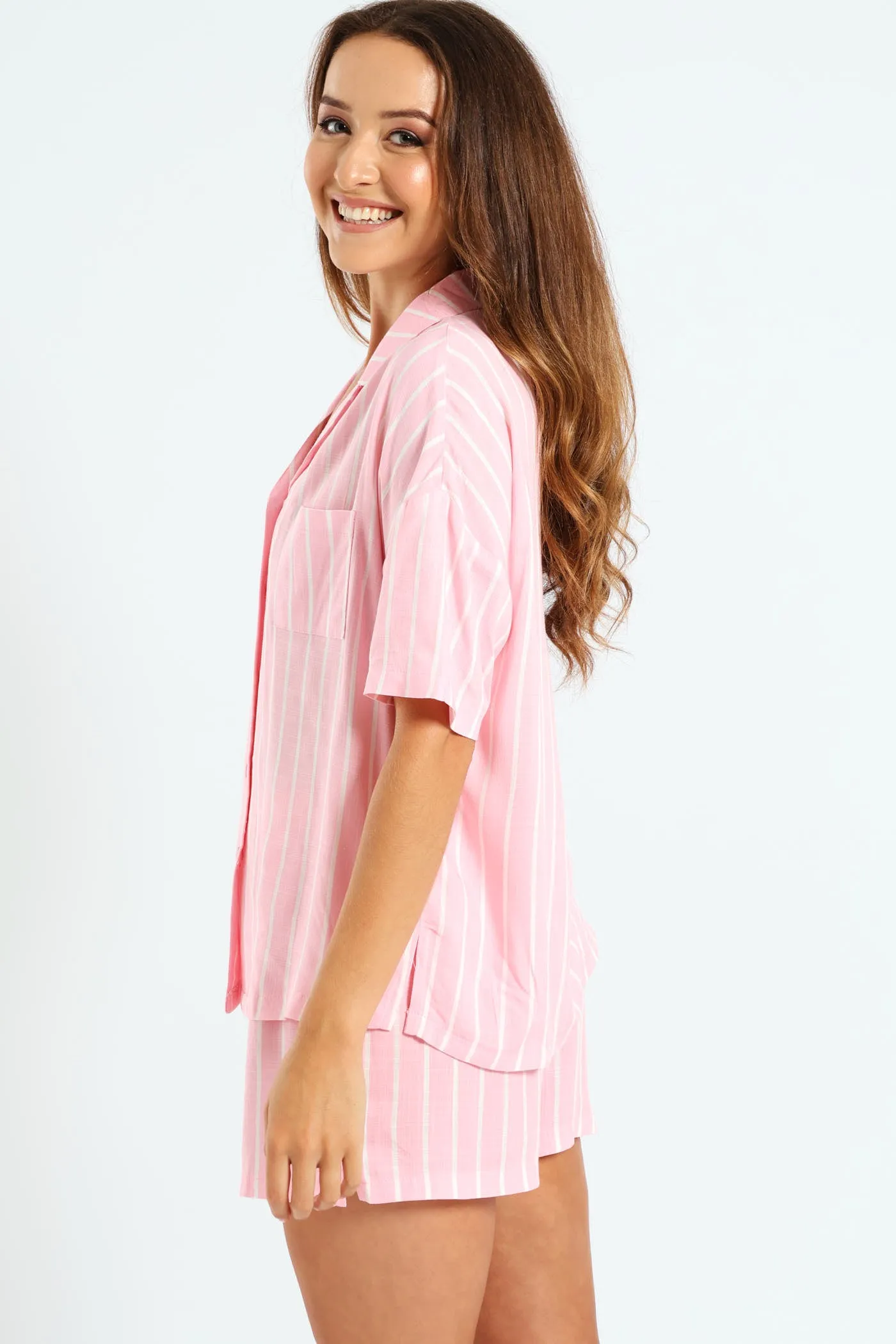 Linen Stripe Button Through Short Sleep Set - White/Pink sold by Edgars product image thumbnail 3