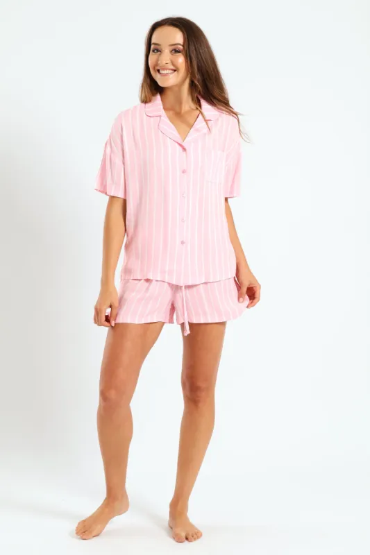 Linen Stripe Button Through Short Sleep Set - White/Pink sold by Edgars