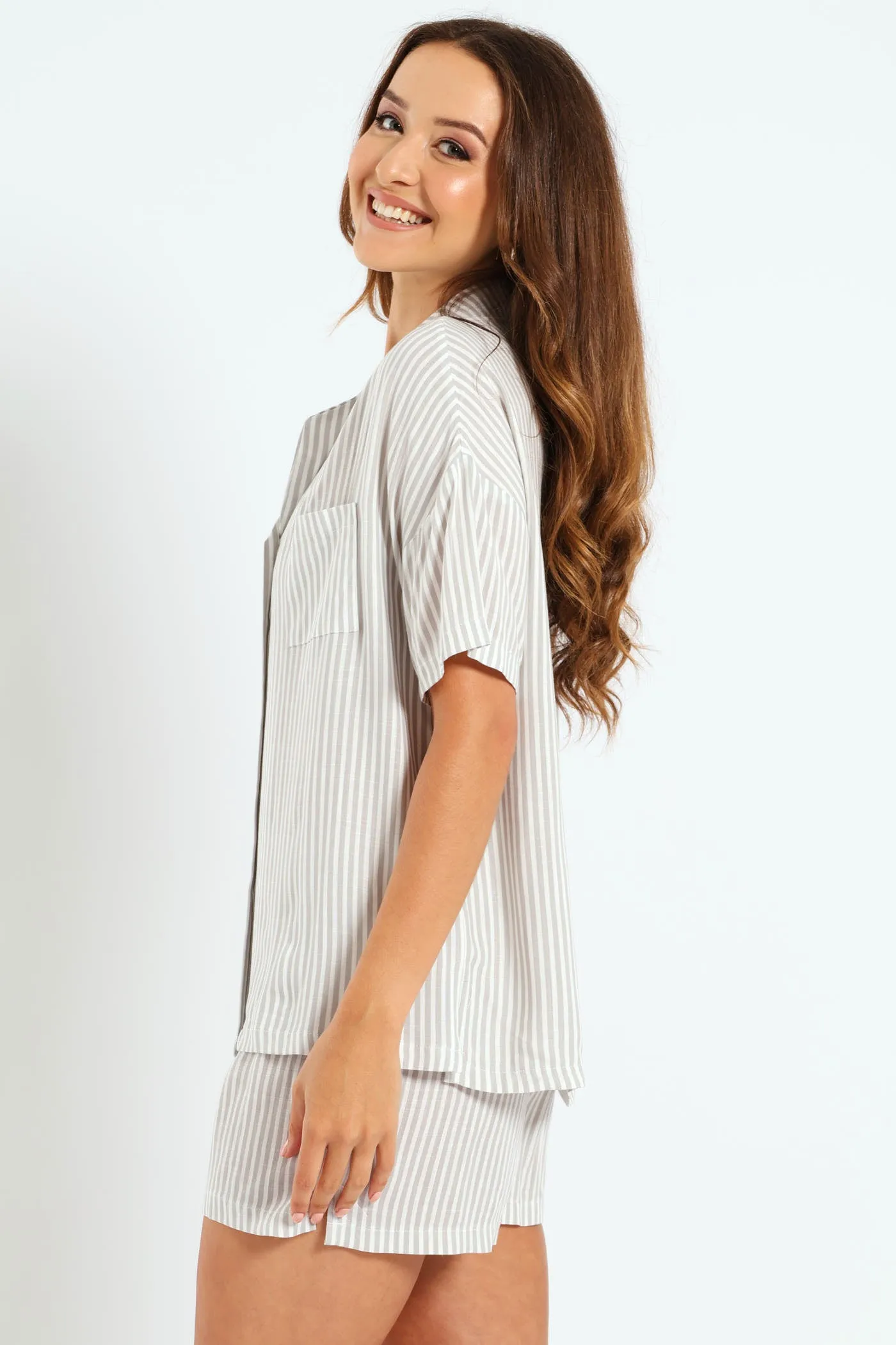 Linen Stripe Button Through Short Sleep Set - White/Grey sold by Edgars product image thumbnail 3