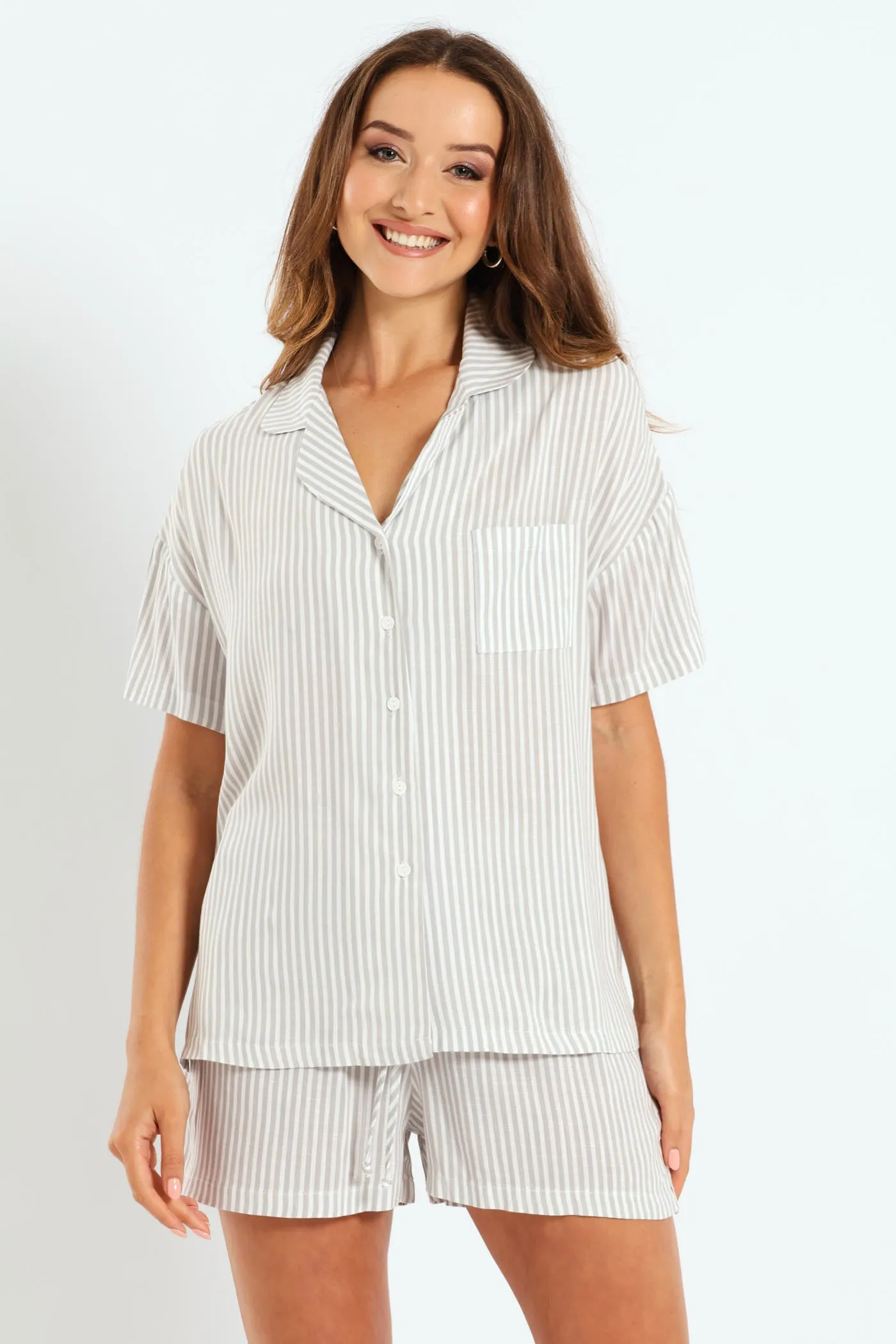 Linen Stripe Button Through Short Sleep Set - White/Grey sold by Edgars product image thumbnail 2