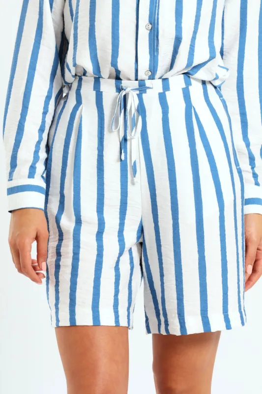 Wavy Stripe Mid Thigh Pull On Short - White/Blue sold by Edgars