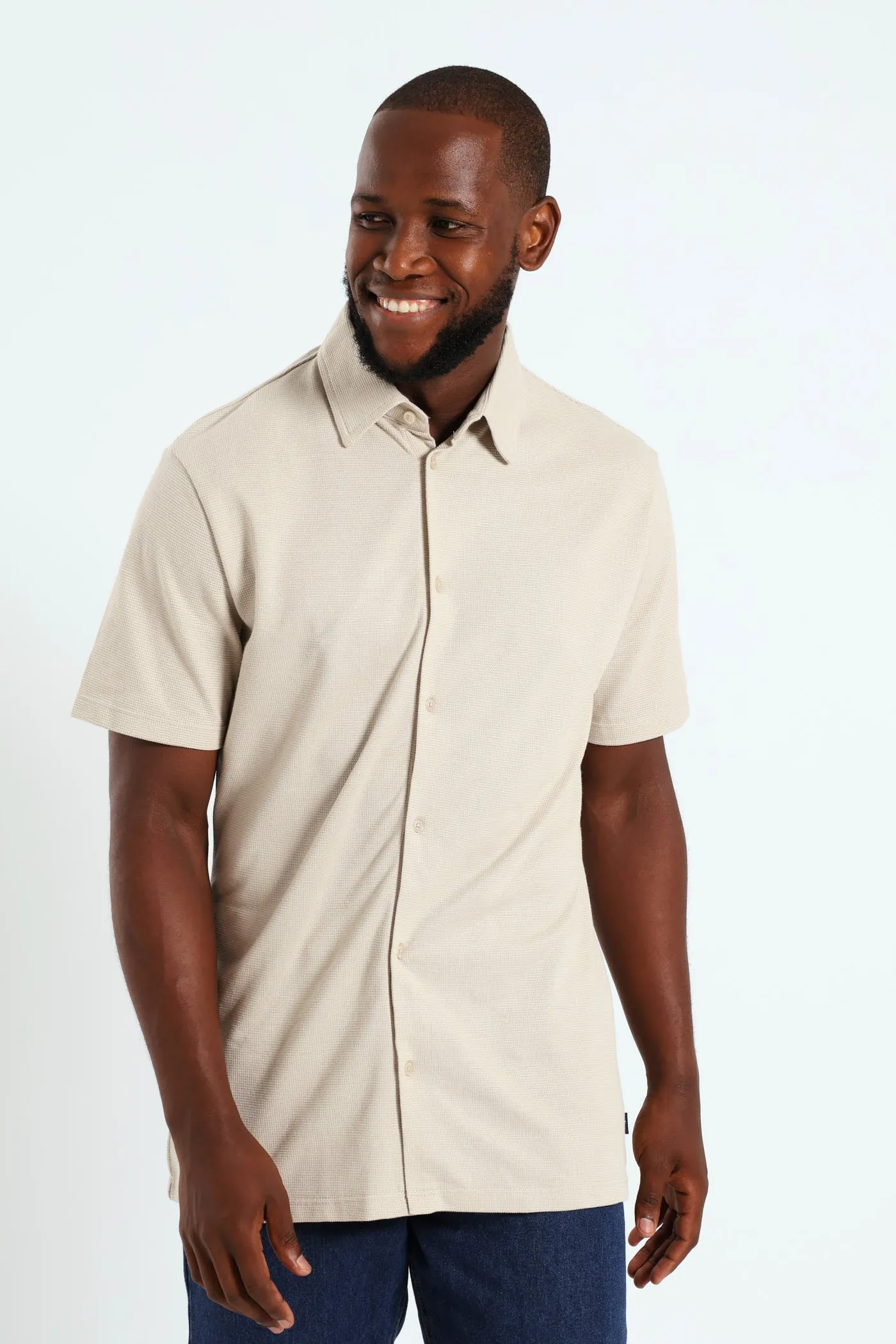 Button Through Mini Waffle Shirt - Camel sold by Edgars