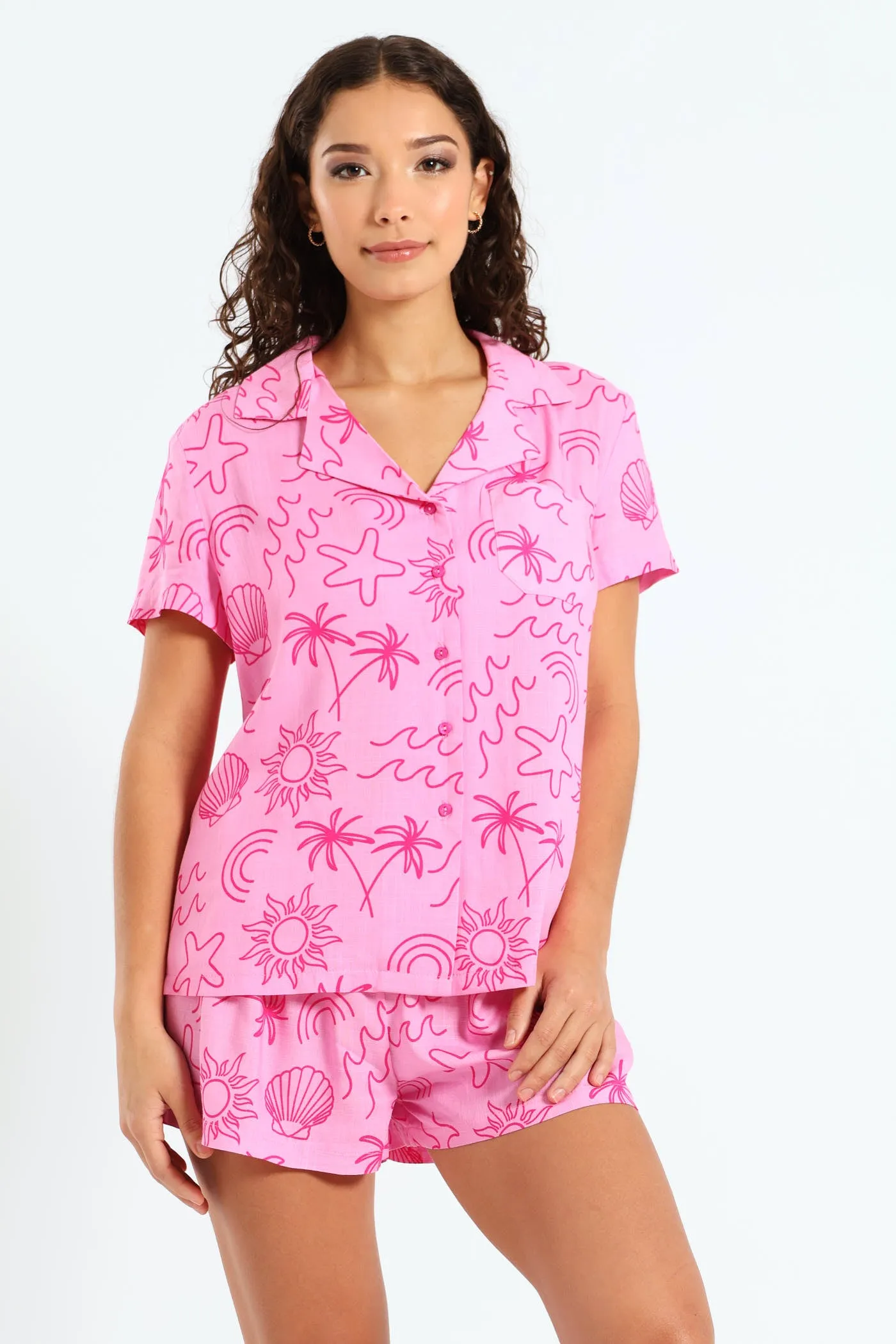 Linen-Look Button Through Pink Palm Short Set - Pink sold by Edgars product image thumbnail 2