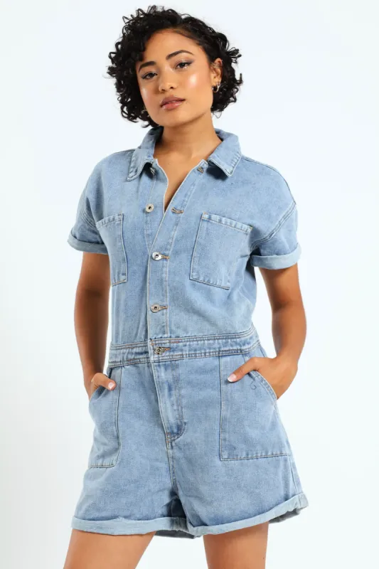 Denim Shortall Jumpsuit - Mid Blue sold by Edgars