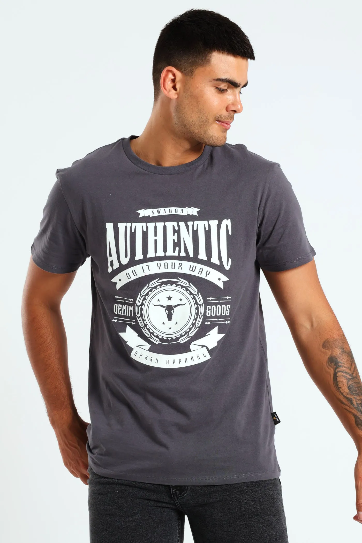 Basic Print Short Sleeve Tee - Charcoal sold by Edgars