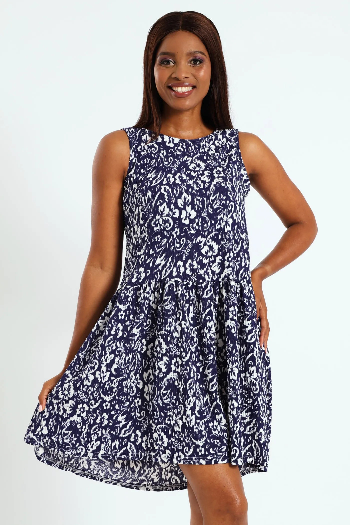Tiered Slub Mini Dress - Navy/White sold by Edgars