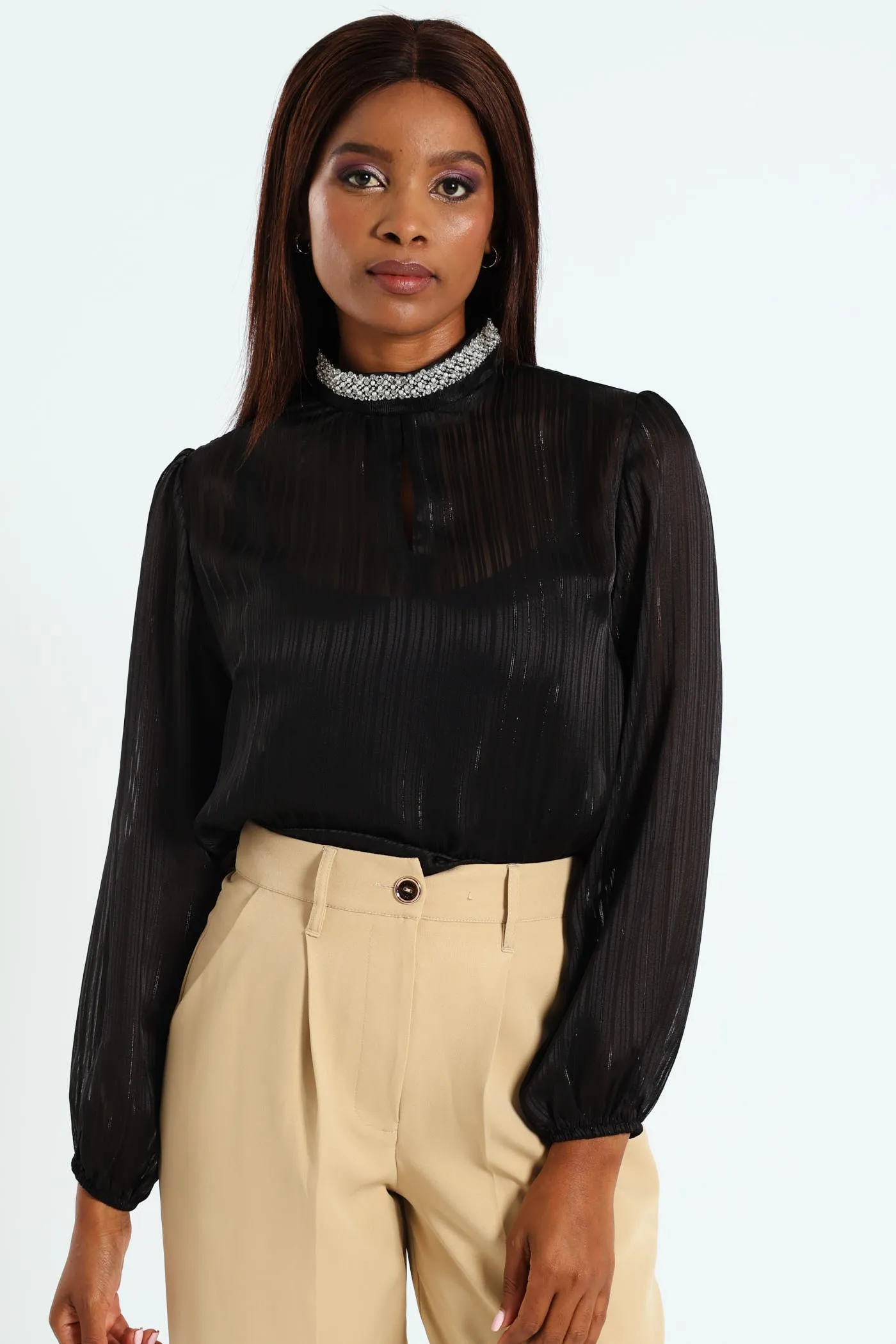 Hi Neck Jewel Blouse - Black sold by Edgars