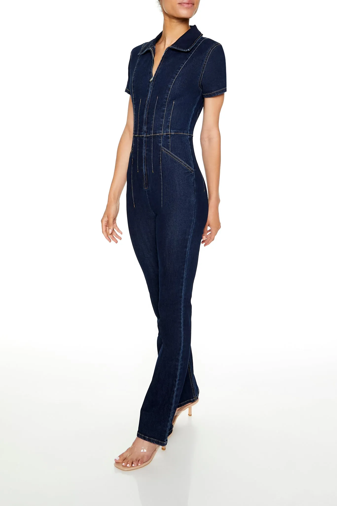 Zip-Up Denim Short-Sleeve Jumpsuit - Dark Blue sold by Edgars product image thumbnail 3