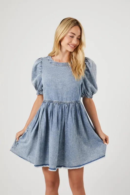 Denim Puff-Sleeve Mini Dress - Acid Wash sold by Edgars