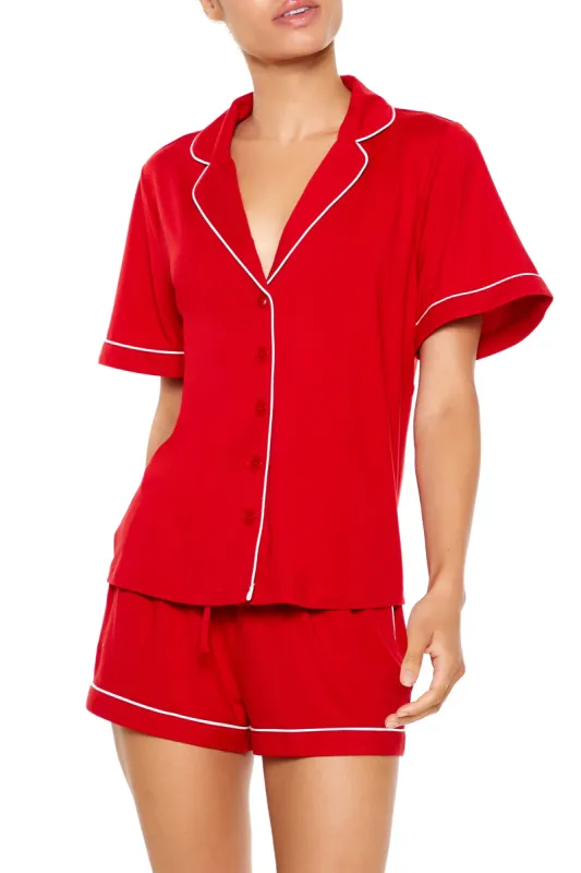 Piped-Trim Shirt & Shorts Pajama Set - Red sold by Edgars