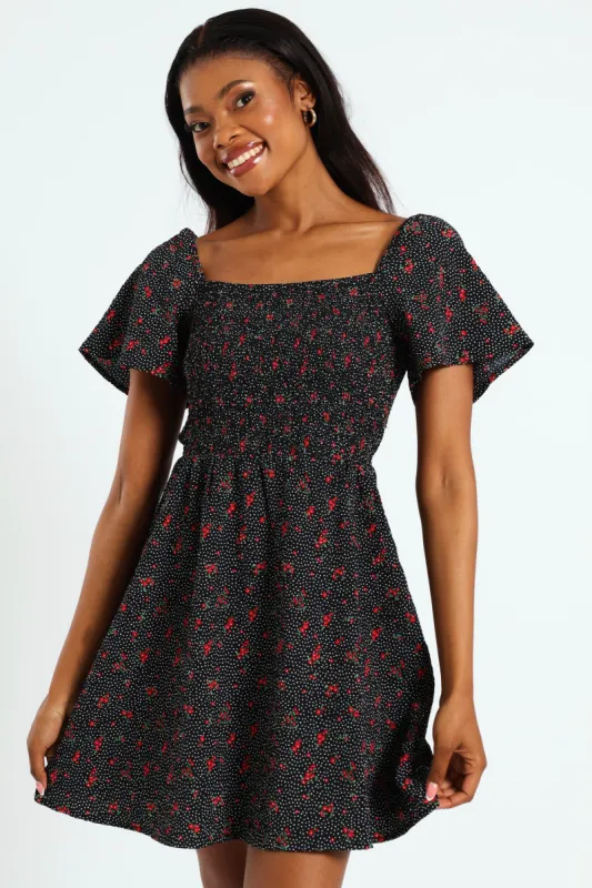 Floral Smock Mini Dress - Black sold by Edgars