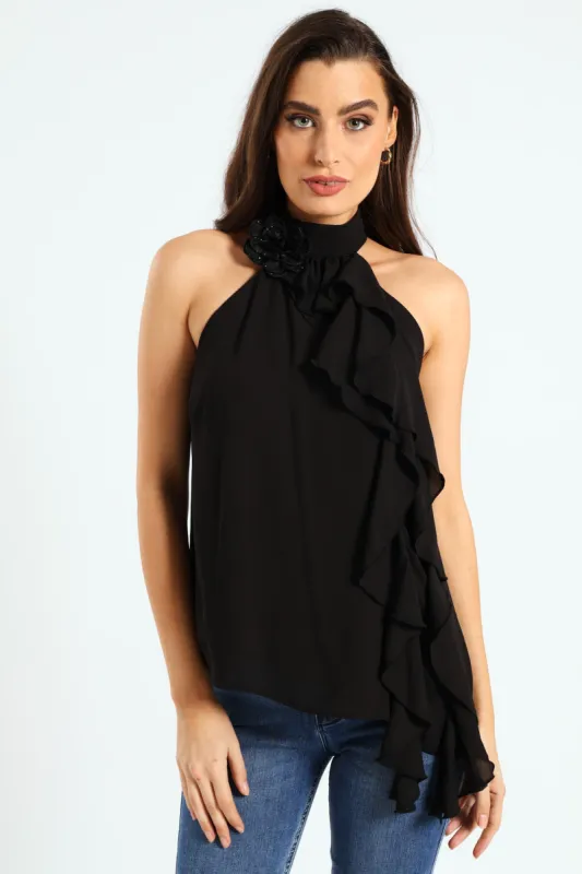 Ruffle Detail Halter Neck Top - Black sold by Edgars