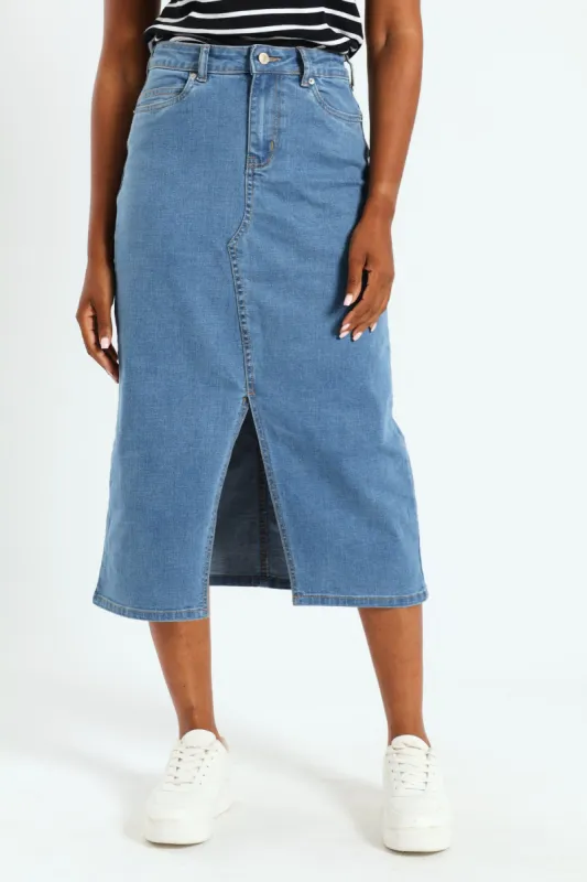 Classic Front Slit Denim Midi Skirt - Bleach sold by Edgars