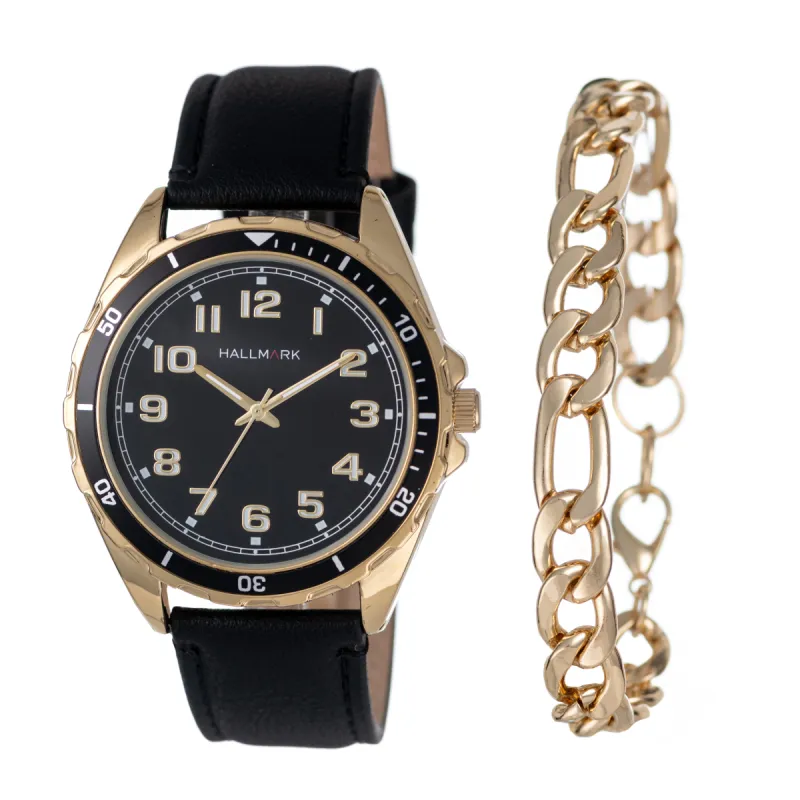Gents Gold Watch With Leather Strap & Hand Chain Set sold by Edgars