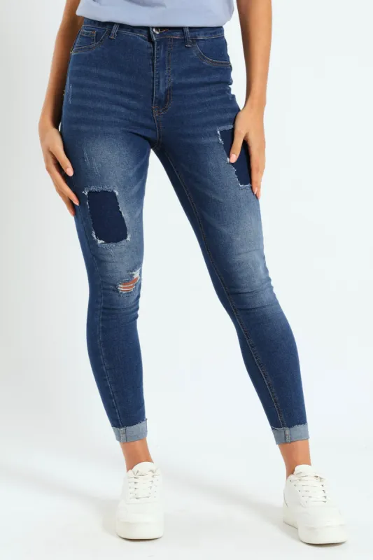 Patched Skinny Jean - Dark Wash Ink sold by Edgars