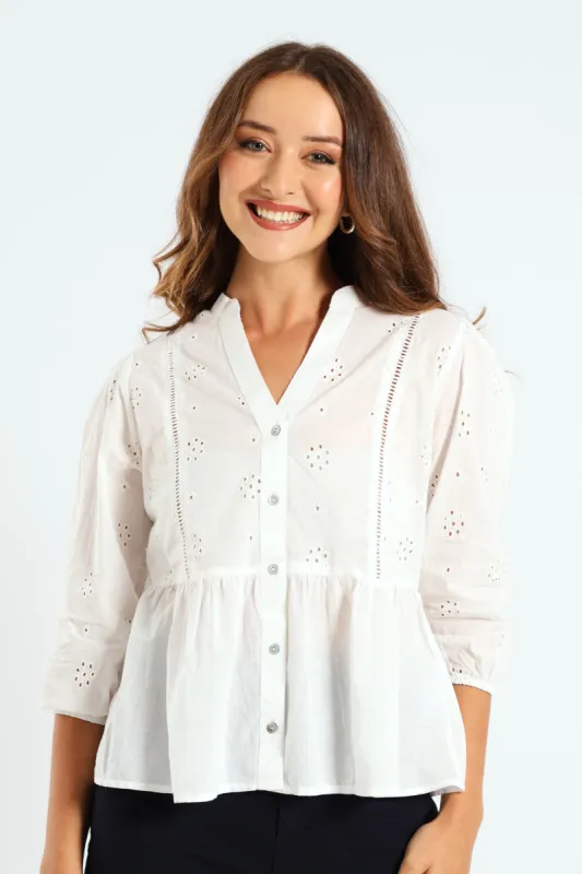 3/4 Sleeve Anglaise Peplum Shirt - White sold by Edgars 
