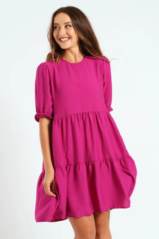 Puff Sleeve Tiered Flare Mini Dress - Magenta sold by Edgars