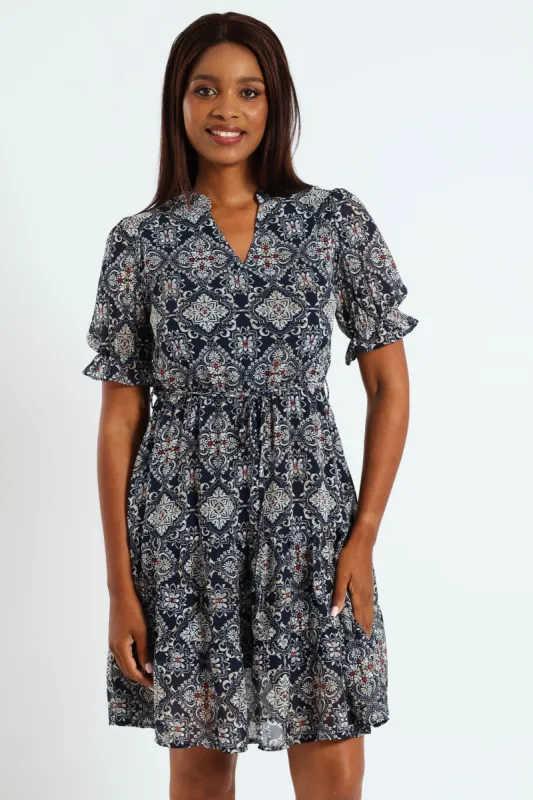 V-Neck Mandarin Collared Frill Hem Tea Dress - Navy sold by Edgars 
