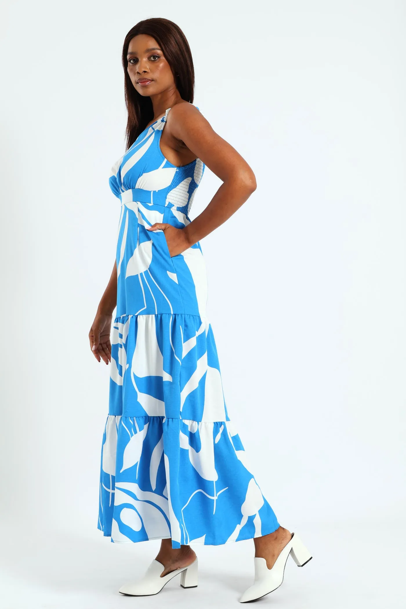 One Shoulder Knot Tiered Maxi Dress With Shirred Back - White/Blue sold by Edgars product image thumbnail 3