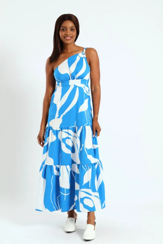 One Shoulder Knot Tiered Maxi Dress With Shirred Back - White/Blue sold by Edgars 