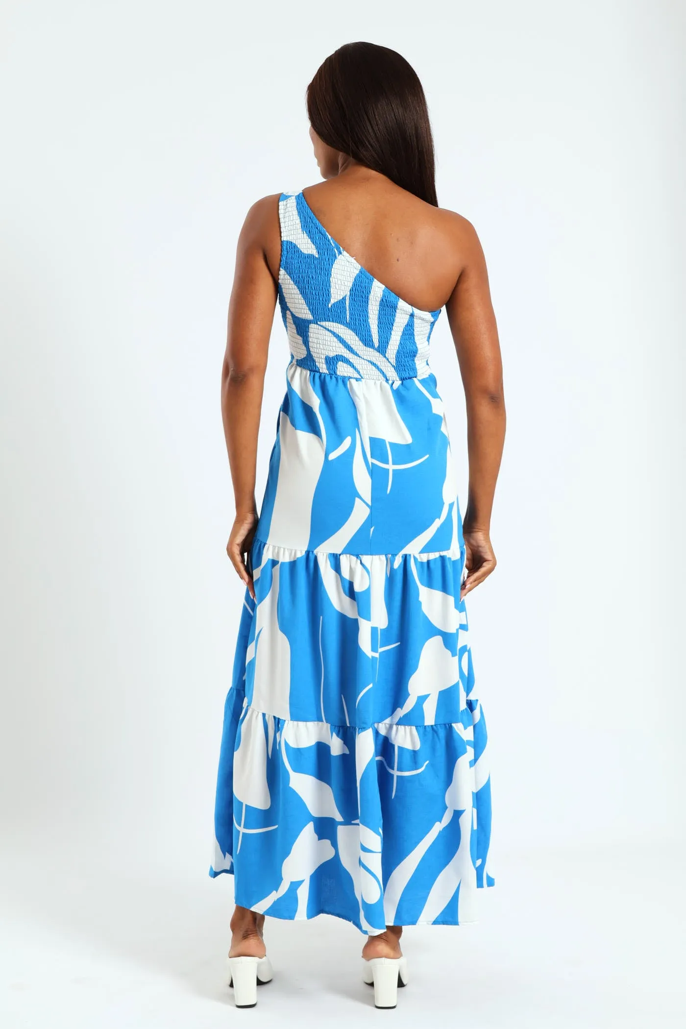One Shoulder Knot Tiered Maxi Dress With Shirred Back - White/Blue sold by Edgars product image thumbnail 4