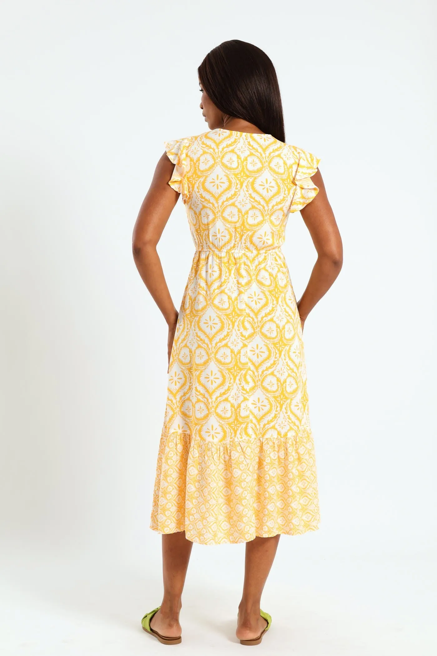 Frill Sleeve Button Detail Waisted Midi Dress - Mustard/Cream sold by Edgars product image thumbnail 2