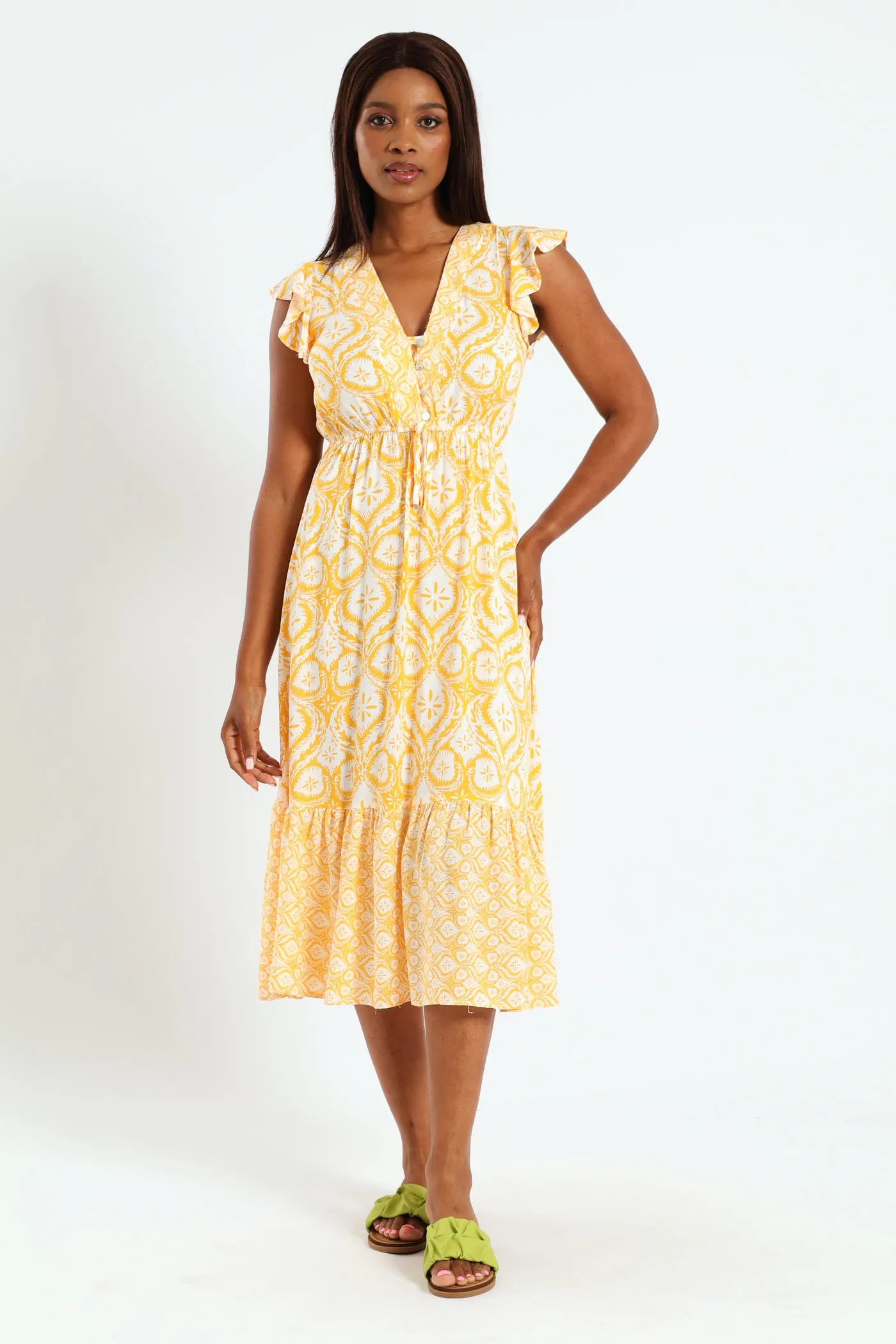 Frill Sleeve Button Detail Waisted Midi Dress - Mustard/Cream sold by Edgars product image thumbnail 3