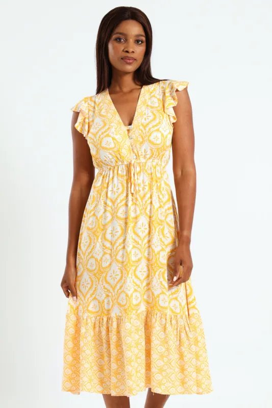 Frill Sleeve Button Detail Waisted Midi Dress - Mustard/Cream sold by Edgars